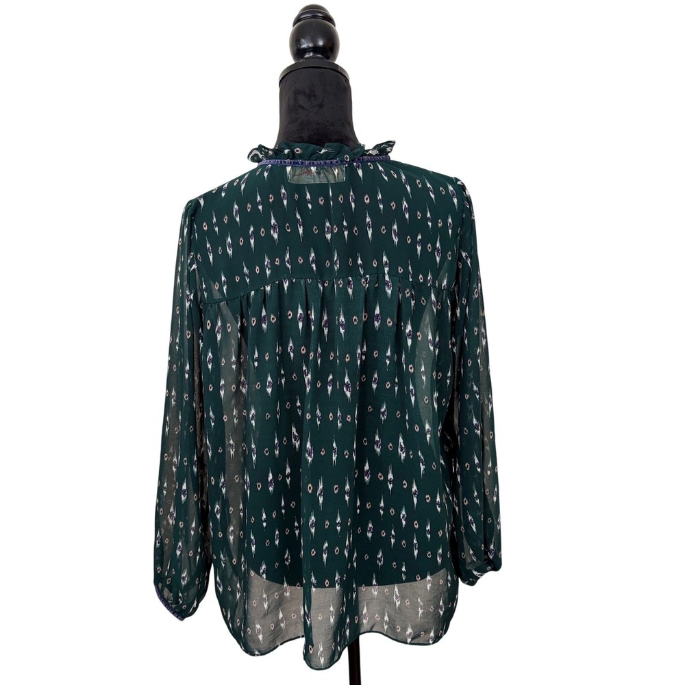 Snidel Dark Green Ikat Print Sheer Ruffle Velvet Tie Blouse Top Whimisgoth Boho - Picture 4 of 10